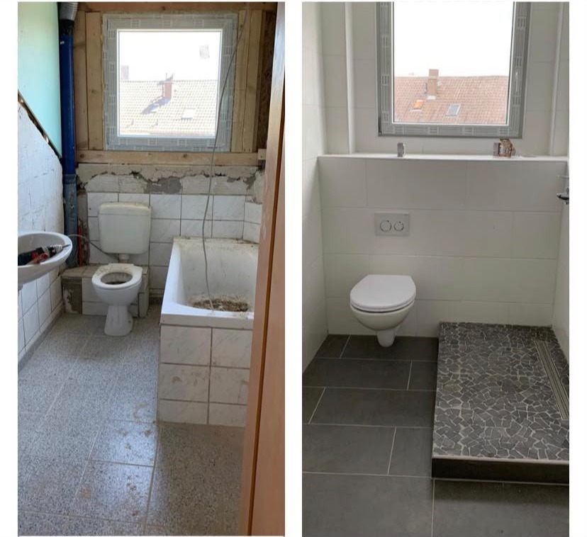 Badezimmer vorher im Rohzustand, nachher mit Fliesen und neuer Sanitärinstallation