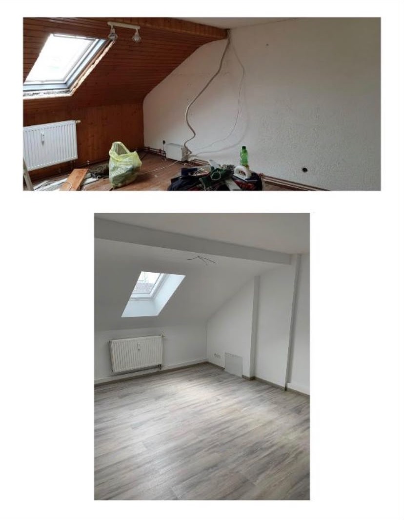 Dachschräge mit Holzverkleidung vorher, heller Dachgeschossraum nachher